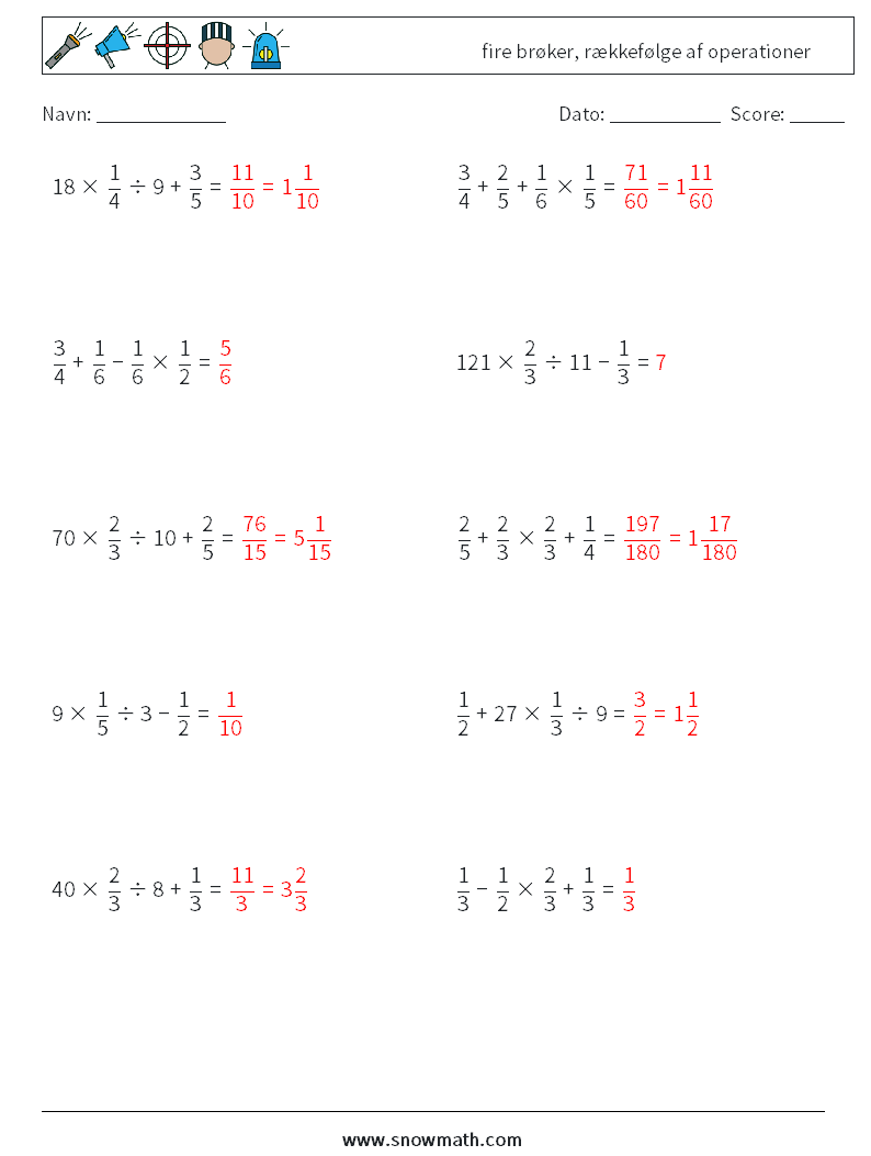(10) fire brøker, rækkefølge af operationer Matematiske regneark 12 Spørgsmål, svar