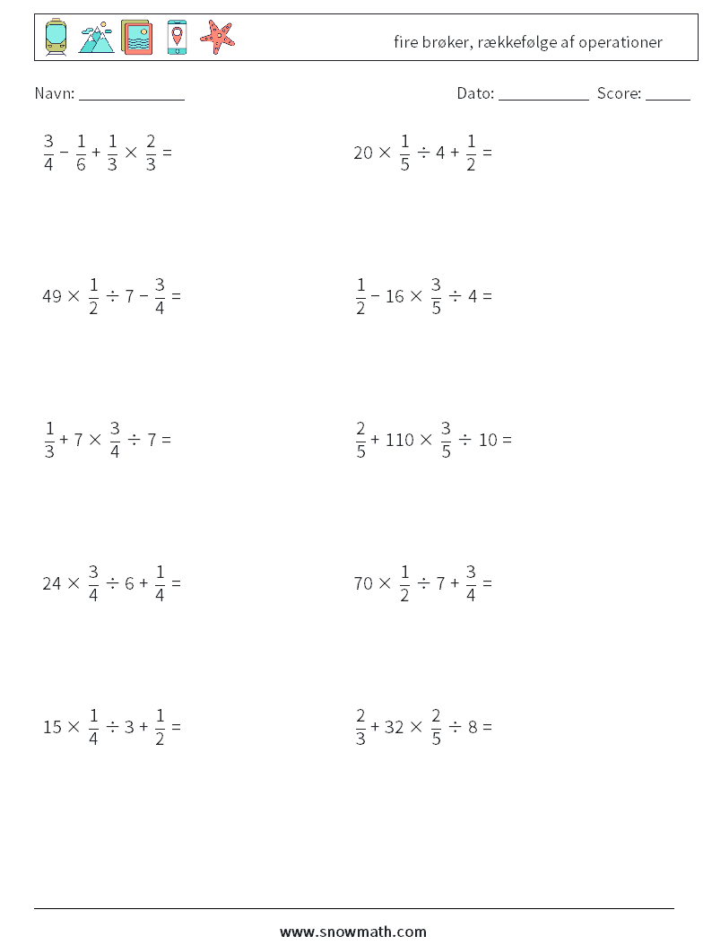 (10) fire brøker, rækkefølge af operationer Matematiske regneark 13