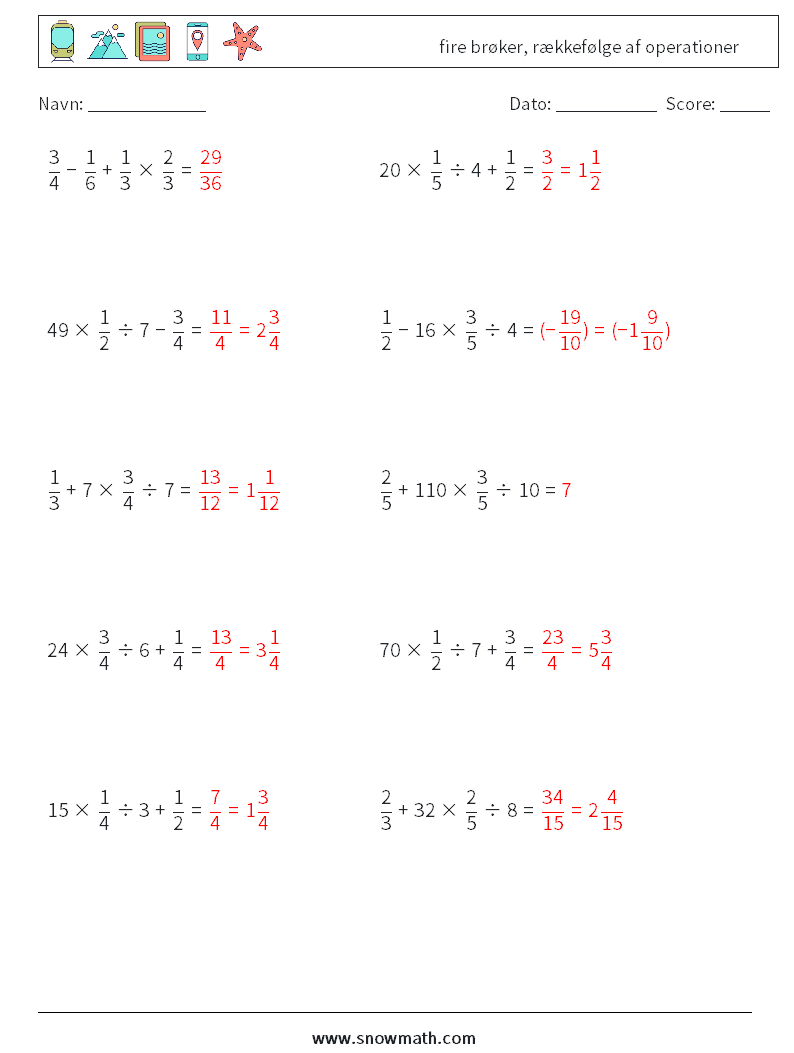 (10) fire brøker, rækkefølge af operationer Matematiske regneark 13 Spørgsmål, svar