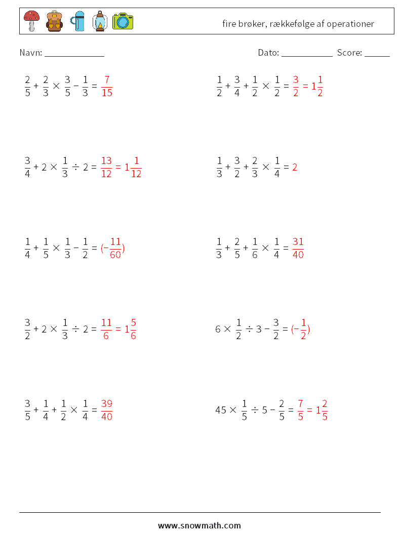 (10) fire brøker, rækkefølge af operationer Matematiske regneark 14 Spørgsmål, svar