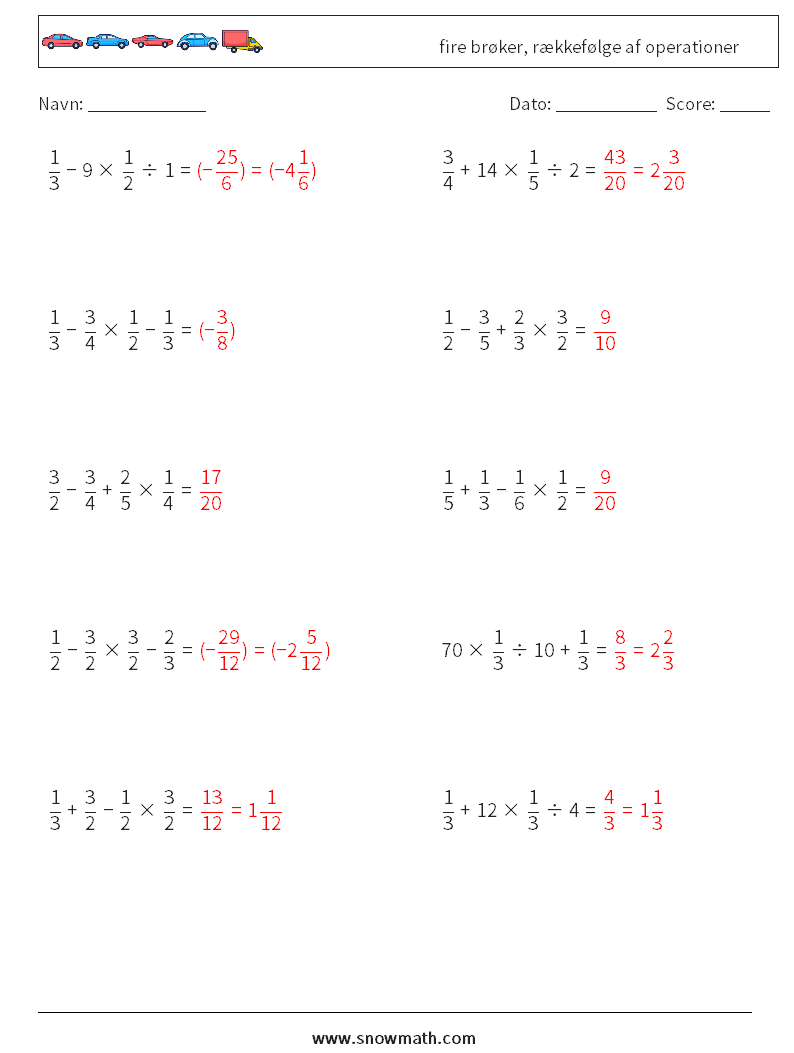 (10) fire brøker, rækkefølge af operationer Matematiske regneark 15 Spørgsmål, svar