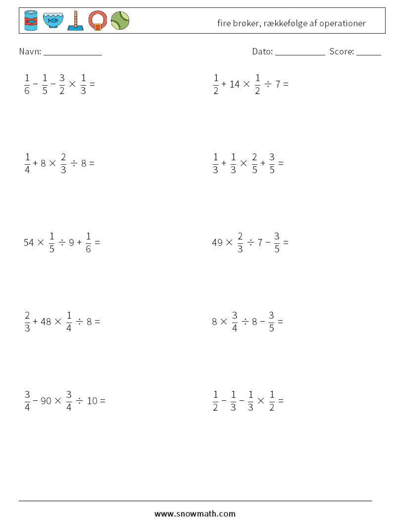 (10) fire brøker, rækkefølge af operationer Matematiske regneark 16