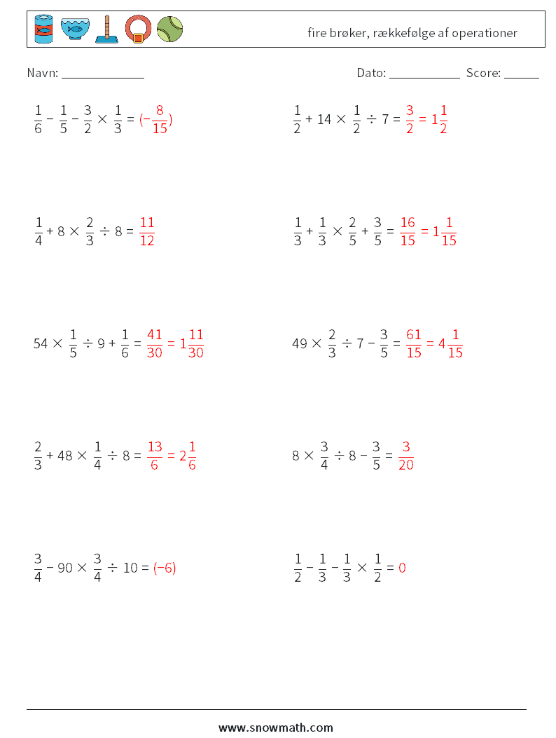 (10) fire brøker, rækkefølge af operationer Matematiske regneark 16 Spørgsmål, svar