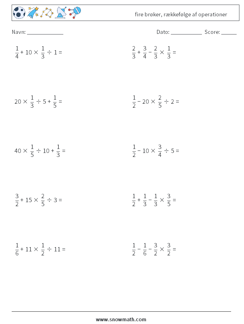 (10) fire brøker, rækkefølge af operationer Matematiske regneark 18