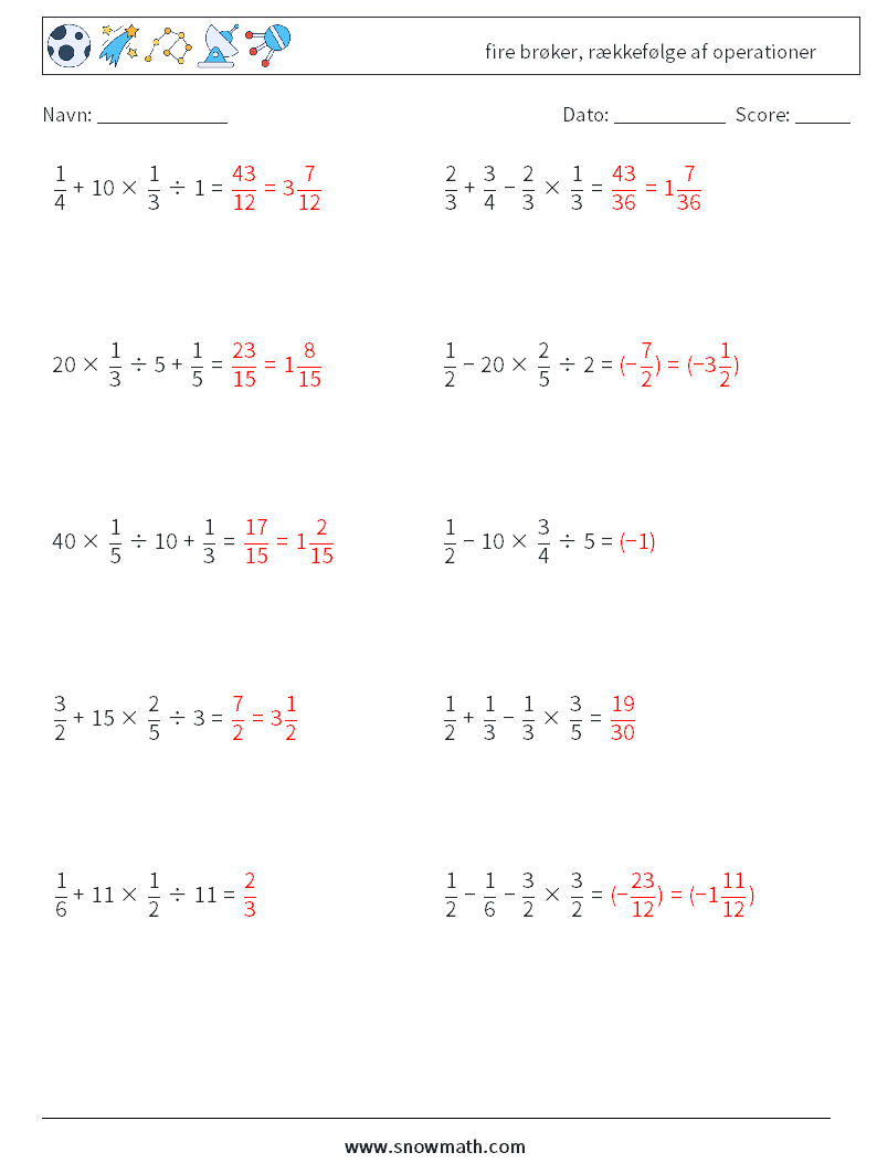 (10) fire brøker, rækkefølge af operationer Matematiske regneark 18 Spørgsmål, svar