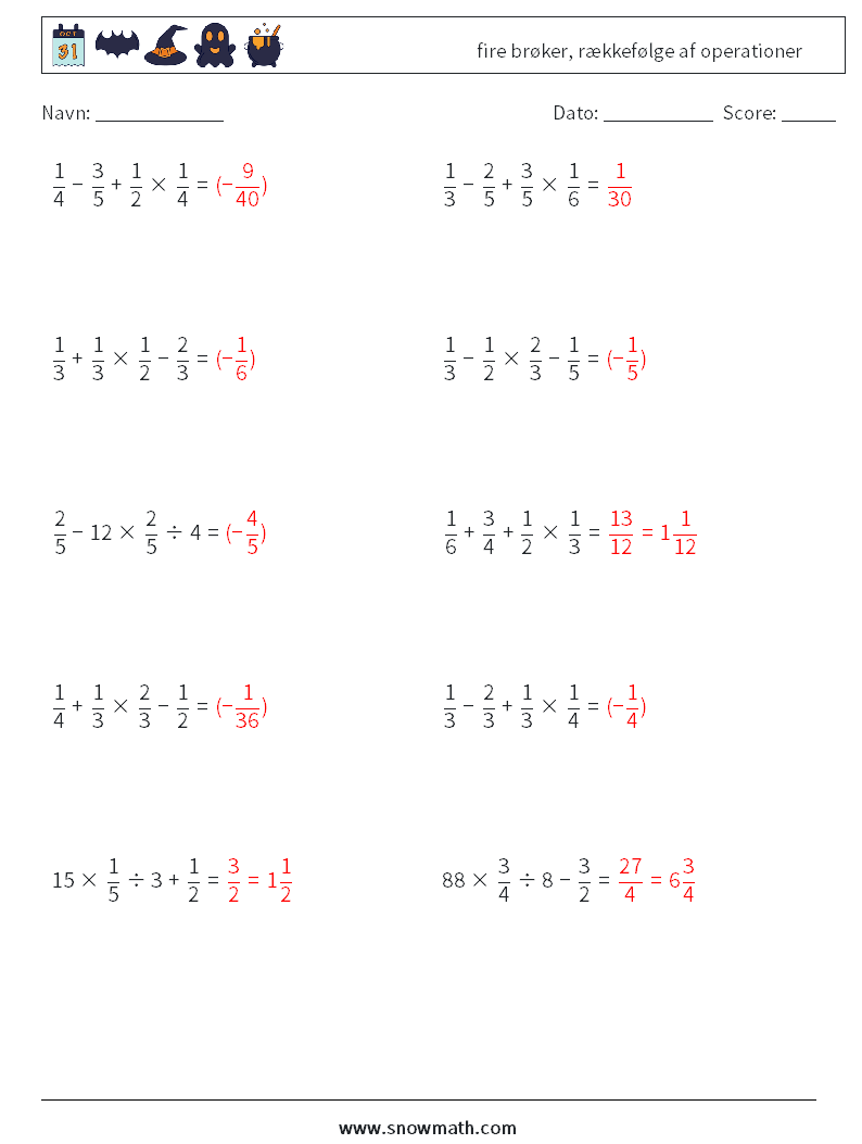 (10) fire brøker, rækkefølge af operationer Matematiske regneark 1 Spørgsmål, svar