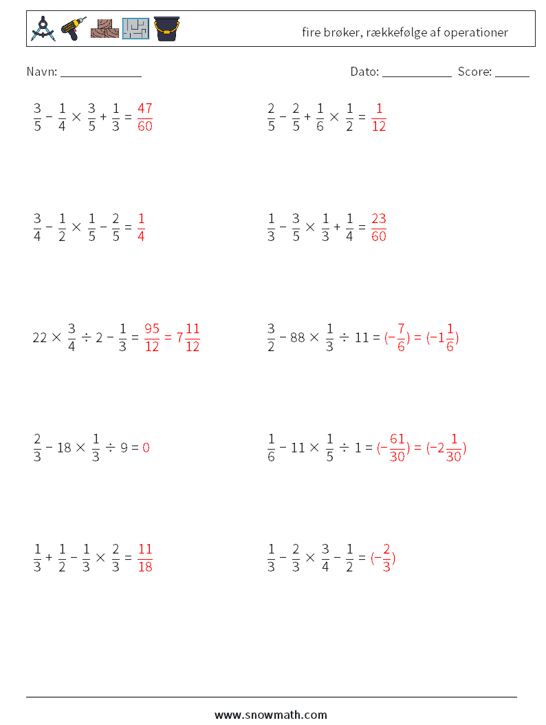 (10) fire brøker, rækkefølge af operationer Matematiske regneark 2 Spørgsmål, svar