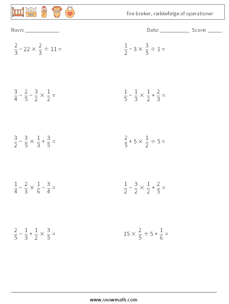 (10) fire brøker, rækkefølge af operationer Matematiske regneark 4