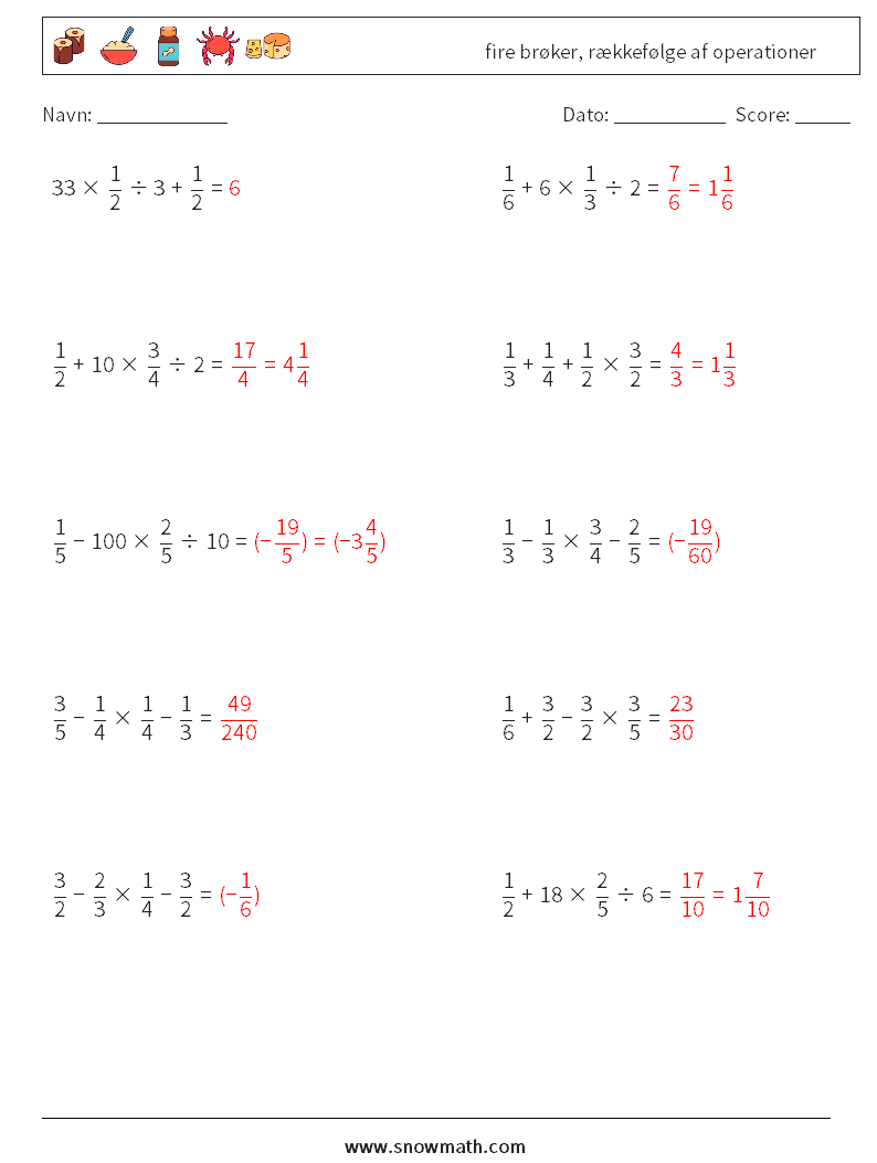 (10) fire brøker, rækkefølge af operationer Matematiske regneark 7 Spørgsmål, svar