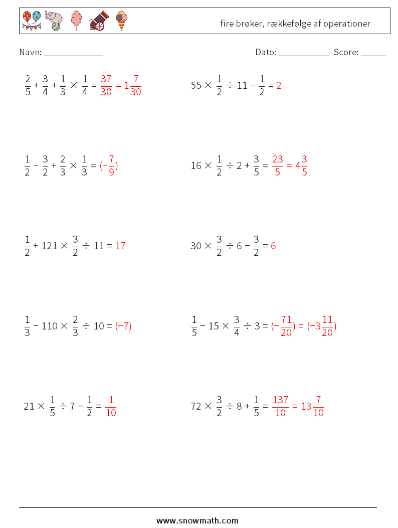 (10) fire brøker, rækkefølge af operationer Matematiske regneark 8 Spørgsmål, svar
