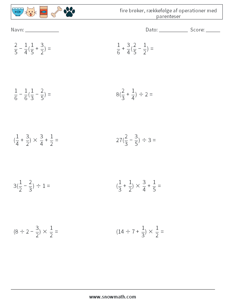(10) fire brøker, rækkefølge af operationer med parenteser Matematiske regneark 16