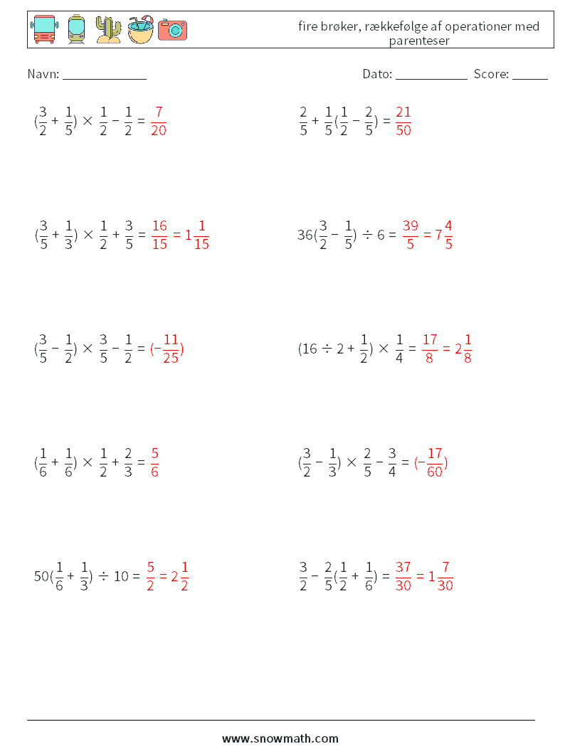 (10) fire brøker, rækkefølge af operationer med parenteser Matematiske regneark 17 Spørgsmål, svar