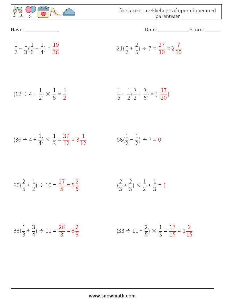 (10) fire brøker, rækkefølge af operationer med parenteser Matematiske regneark 3 Spørgsmål, svar