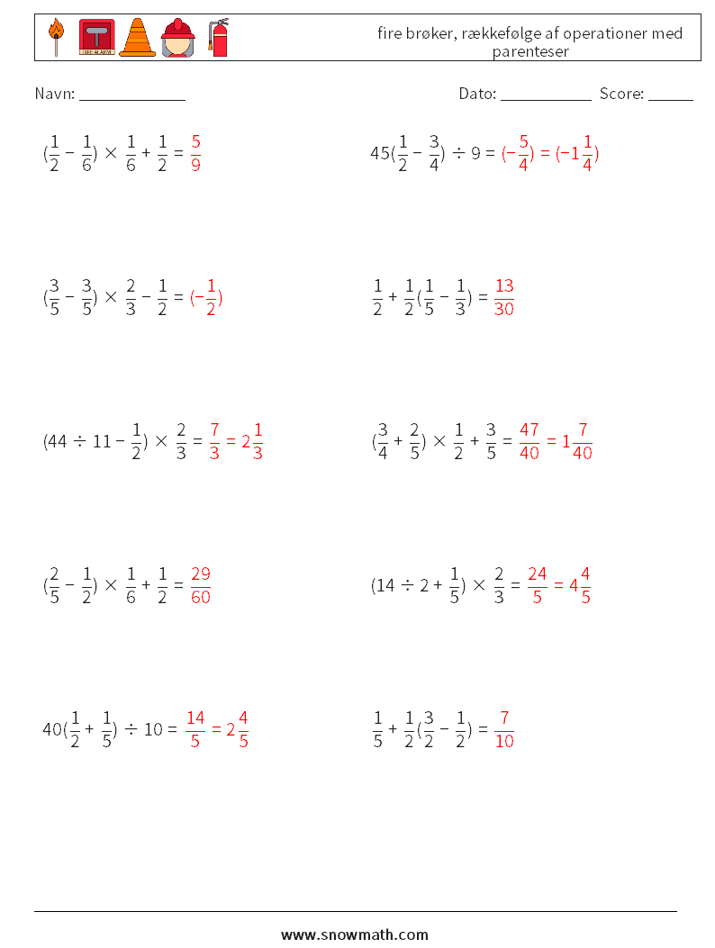 (10) fire brøker, rækkefølge af operationer med parenteser Matematiske regneark 5 Spørgsmål, svar