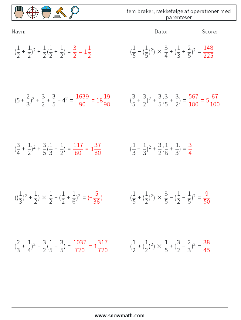 (10) fem brøker, rækkefølge af operationer med parenteser Matematiske regneark 10 Spørgsmål, svar