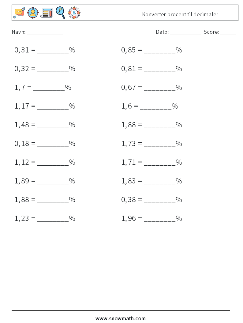 Konverter procent til decimaler Matematiske regneark 1