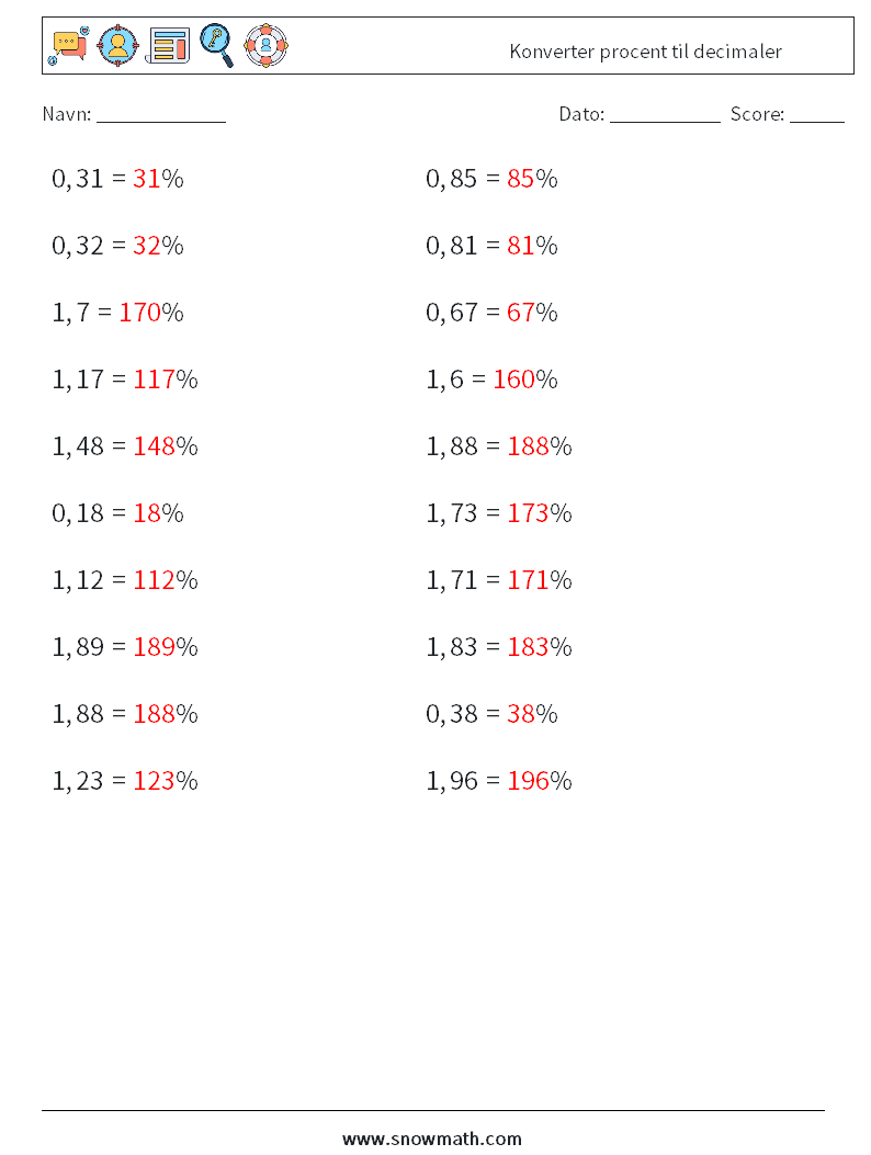 Konverter procent til decimaler Matematiske regneark 1 Spørgsmål, svar