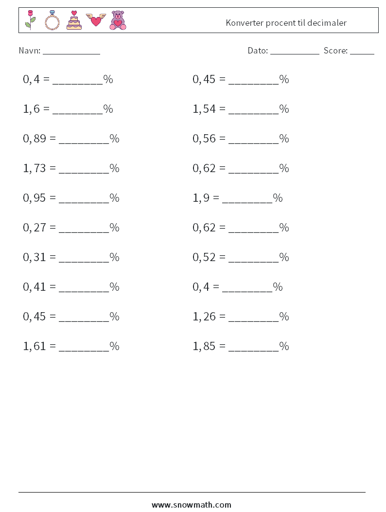 Konverter procent til decimaler Matematiske regneark 2