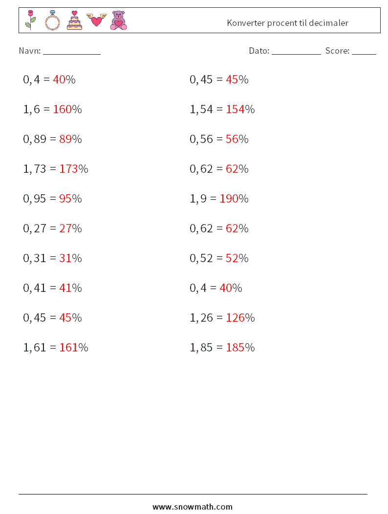 Konverter procent til decimaler Matematiske regneark 2 Spørgsmål, svar