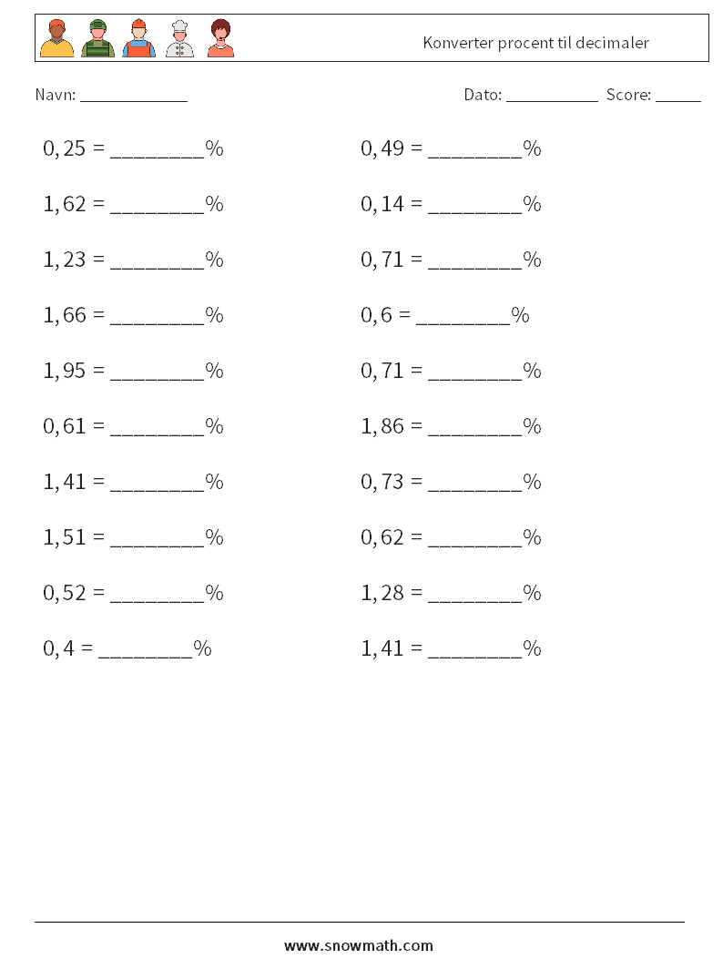 Konverter procent til decimaler Matematiske regneark 3