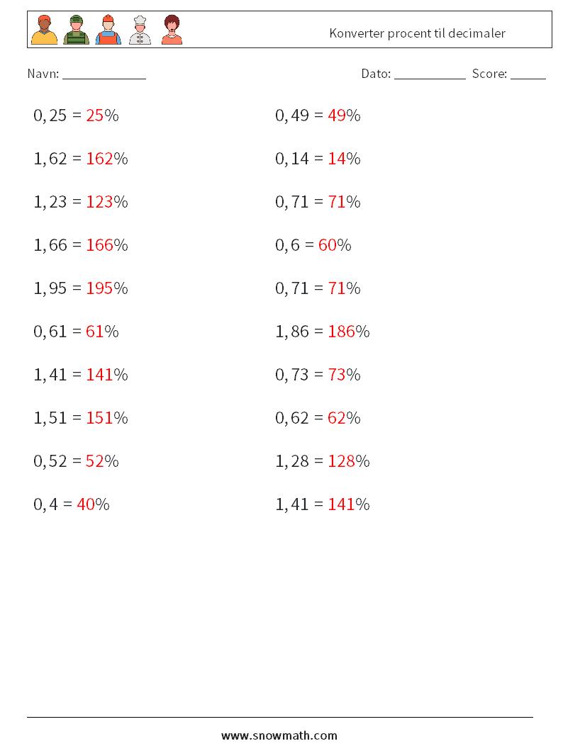 Konverter procent til decimaler Matematiske regneark 3 Spørgsmål, svar