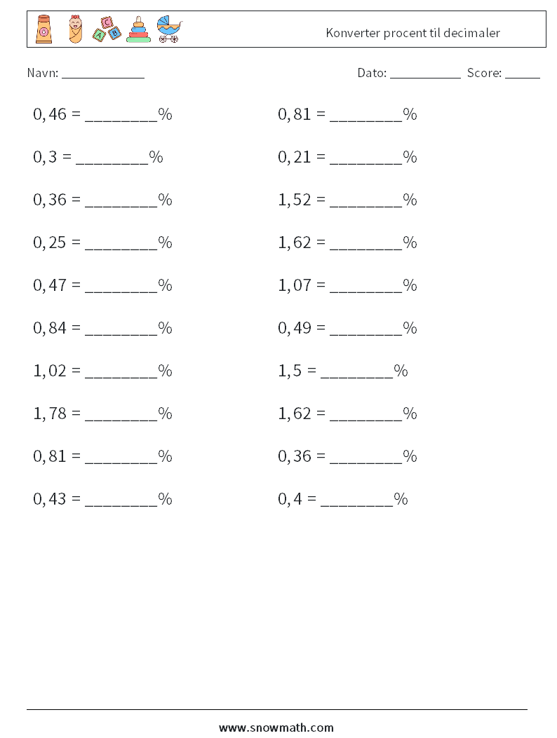 Konverter procent til decimaler Matematiske regneark 4