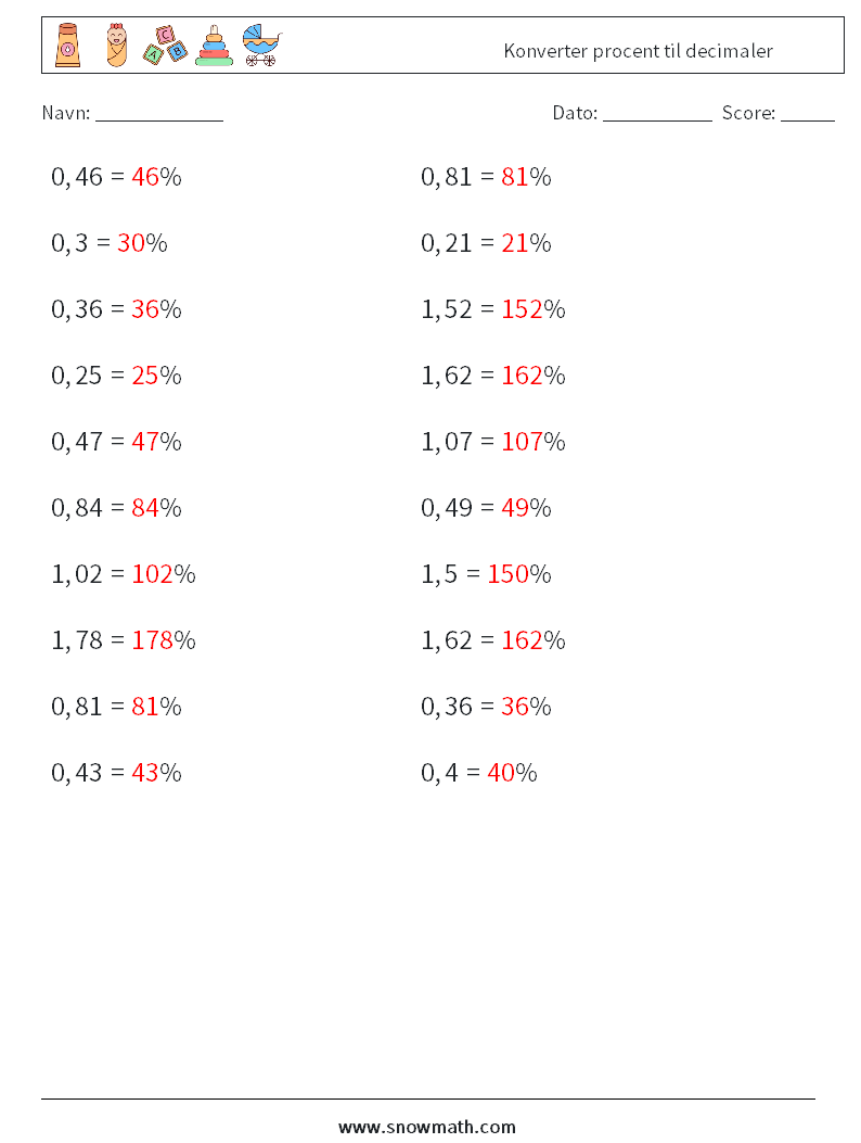 Konverter procent til decimaler Matematiske regneark 4 Spørgsmål, svar