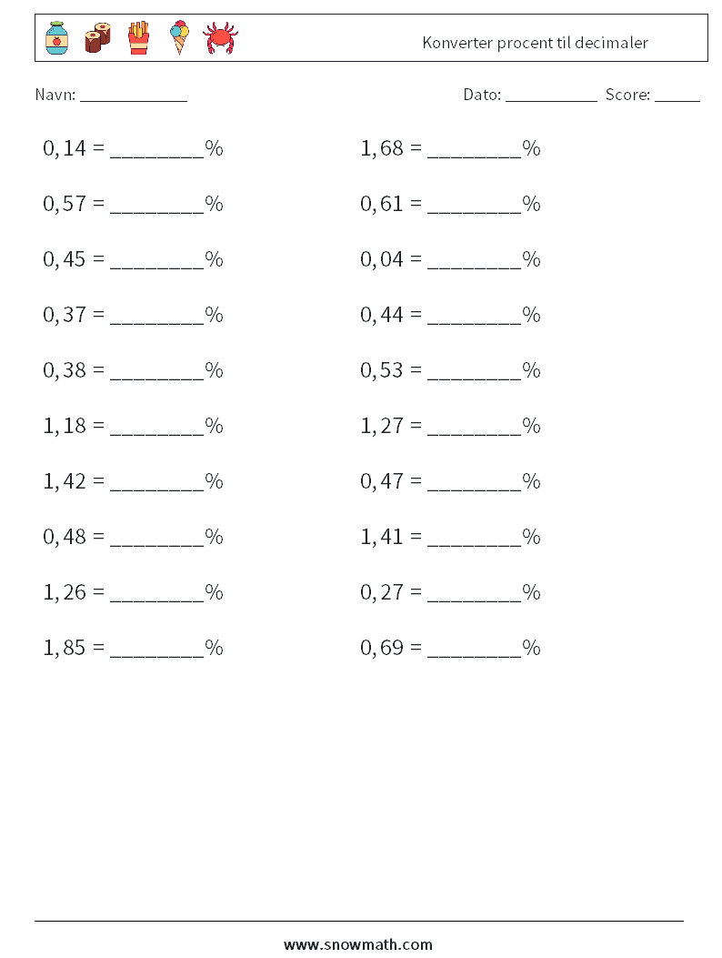 Konverter procent til decimaler Matematiske regneark 5