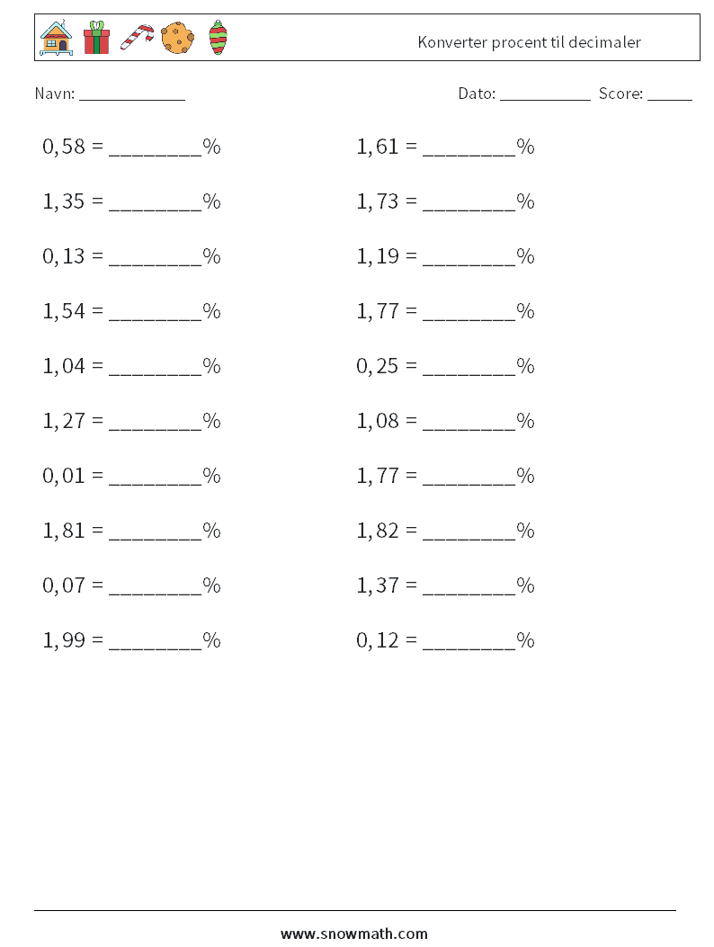 Konverter procent til decimaler Matematiske regneark 6