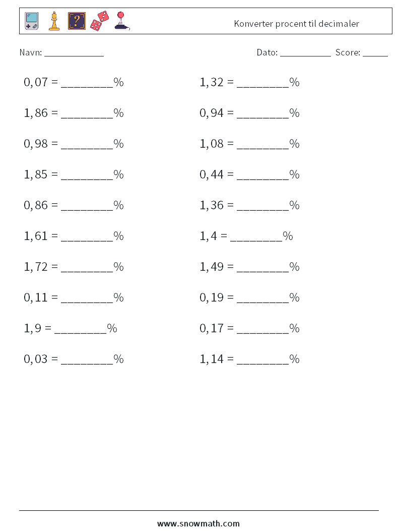 Konverter procent til decimaler Matematiske regneark 7