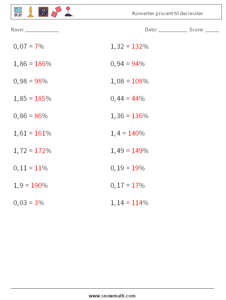 Konverter procent til decimaler Matematiske regneark 7 Spørgsmål, svar