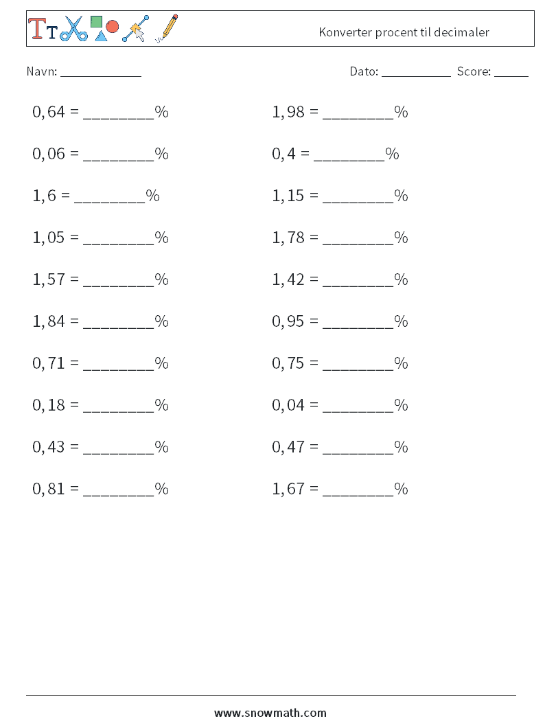 Konverter procent til decimaler Matematiske regneark 8