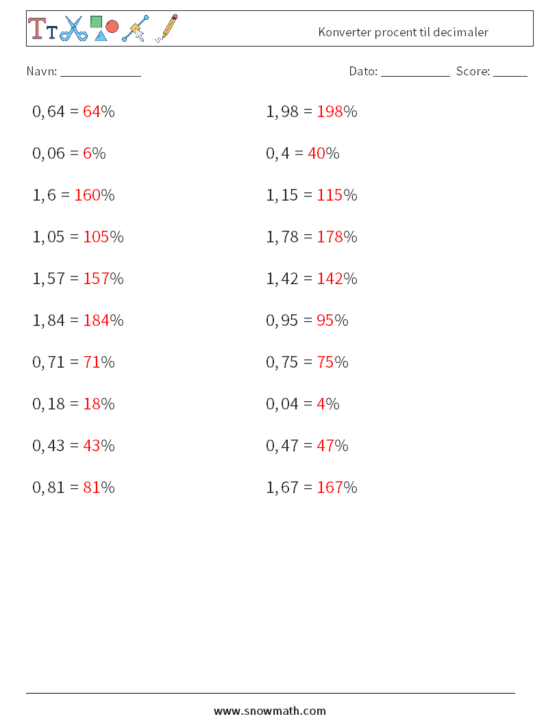 Konverter procent til decimaler Matematiske regneark 8 Spørgsmål, svar