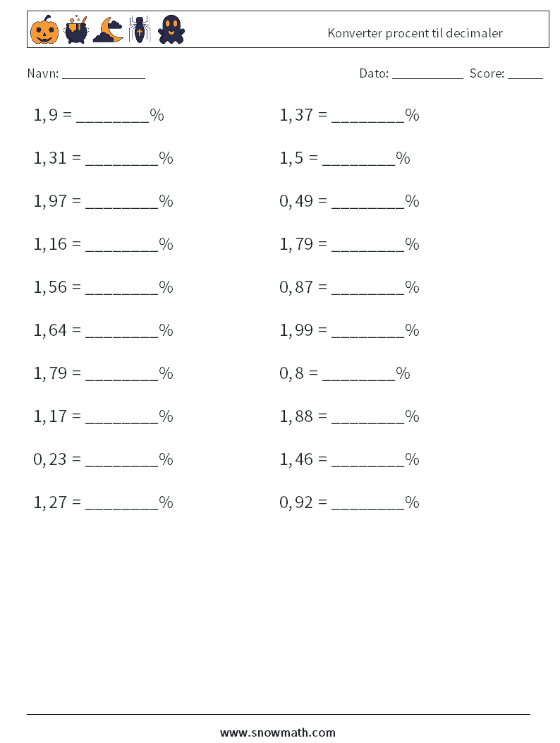 Konverter procent til decimaler Matematiske regneark 9