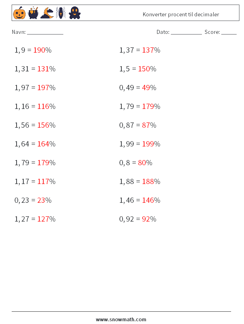 Konverter procent til decimaler Matematiske regneark 9 Spørgsmål, svar