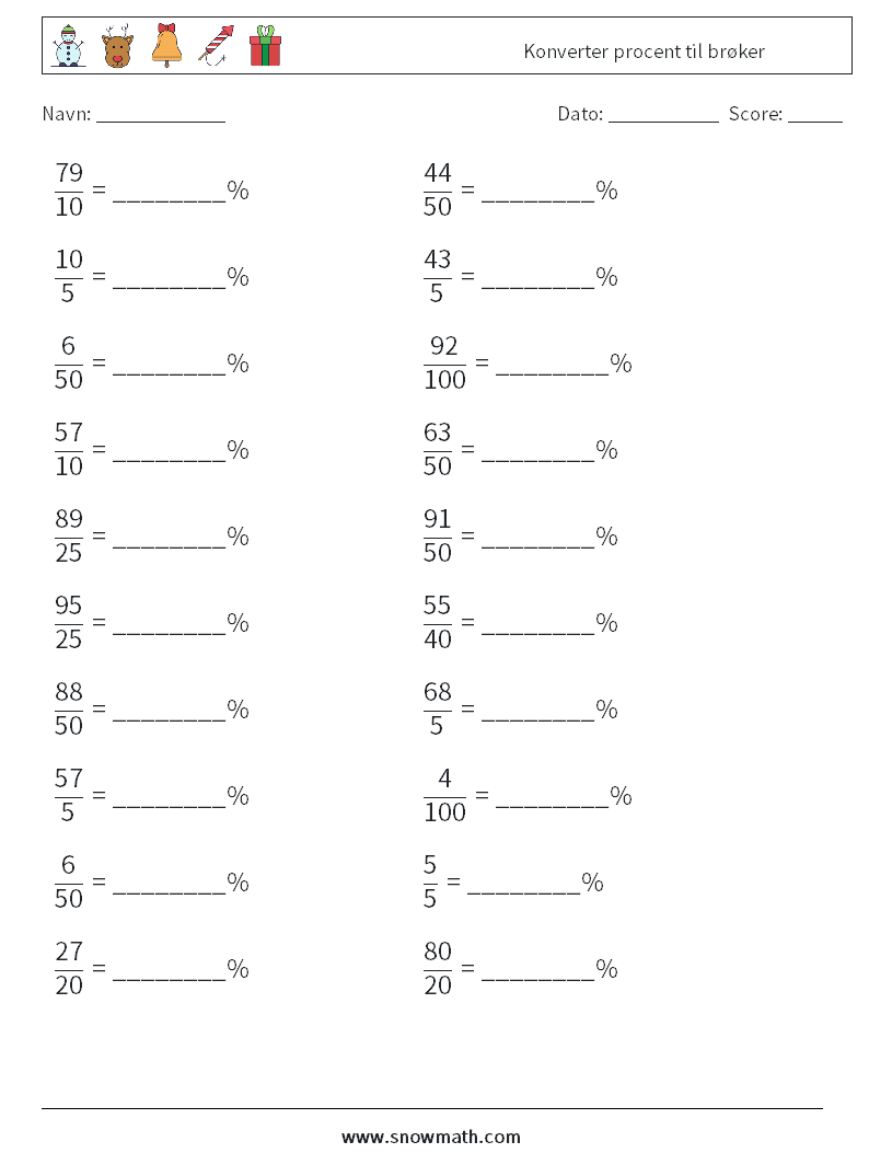 Konverter procent til brøker Matematiske regneark 1