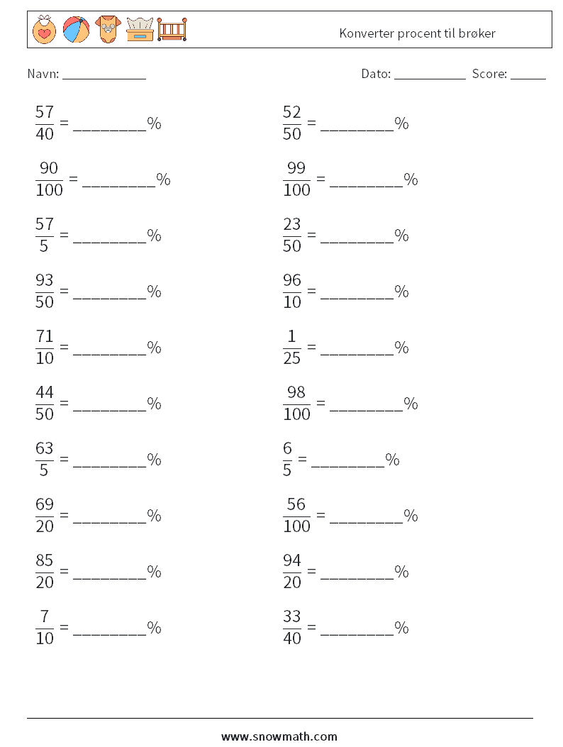 Konverter procent til brøker Matematiske regneark 2