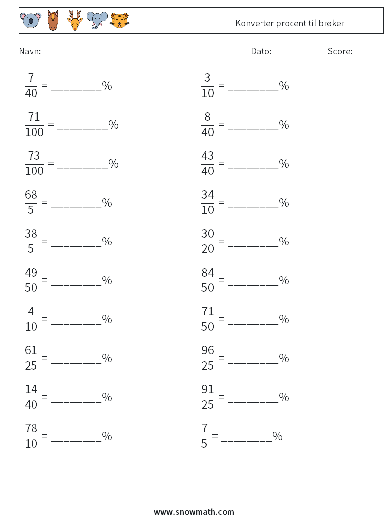 Konverter procent til brøker Matematiske regneark 3