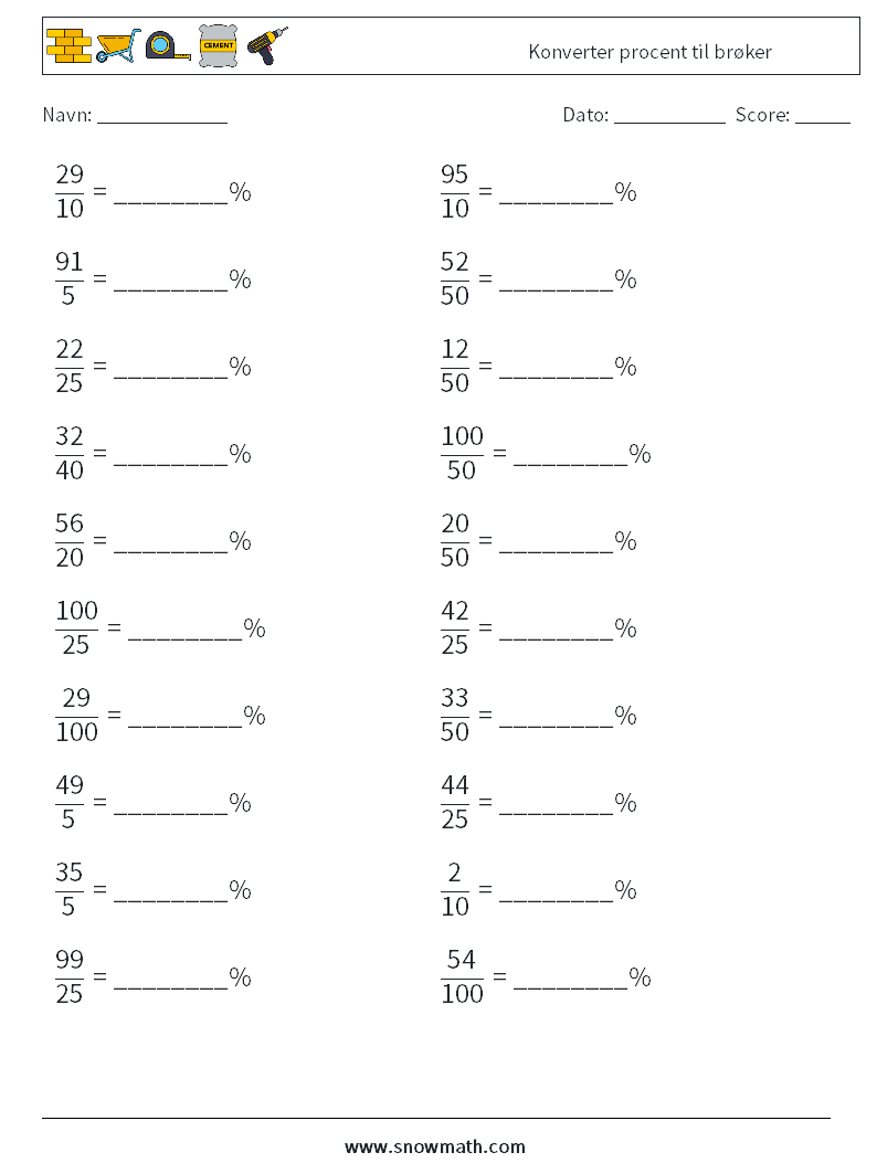 Konverter procent til brøker Matematiske regneark 4