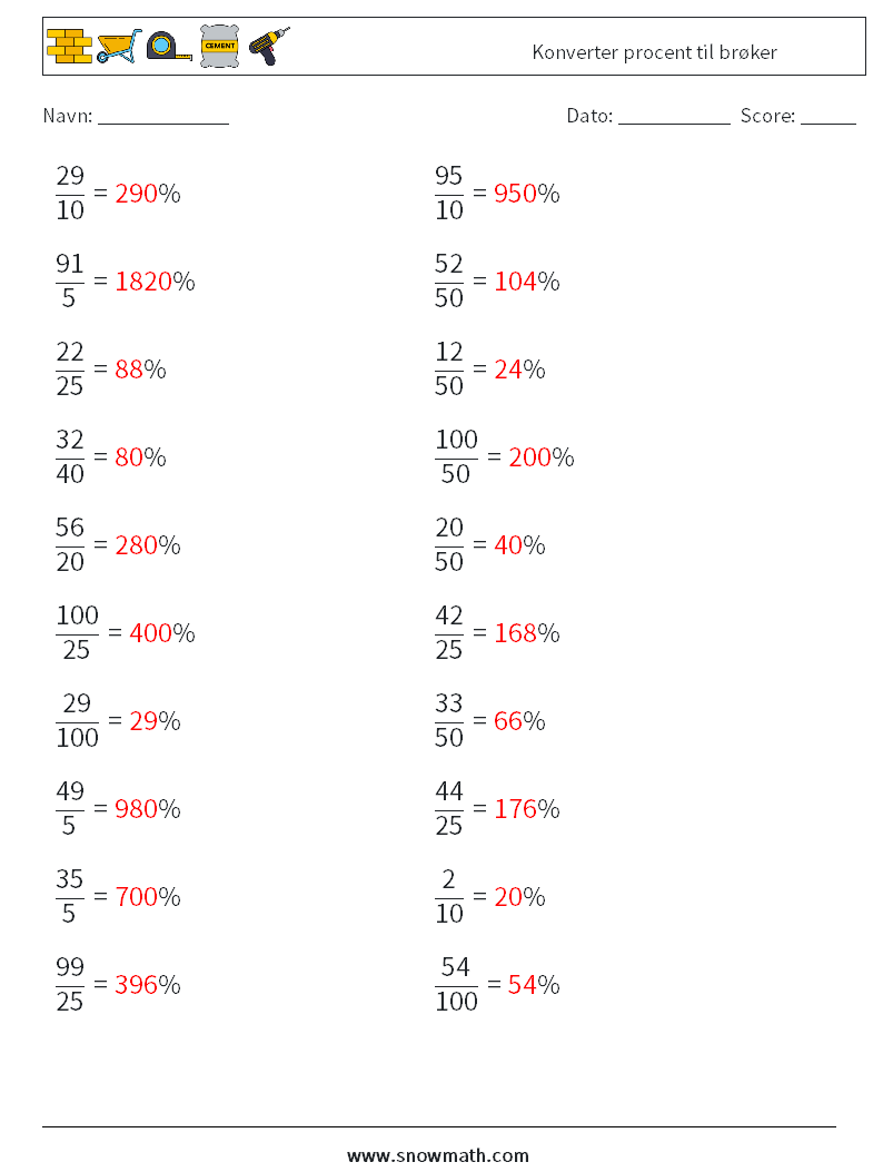 Konverter procent til brøker Matematiske regneark 4 Spørgsmål, svar