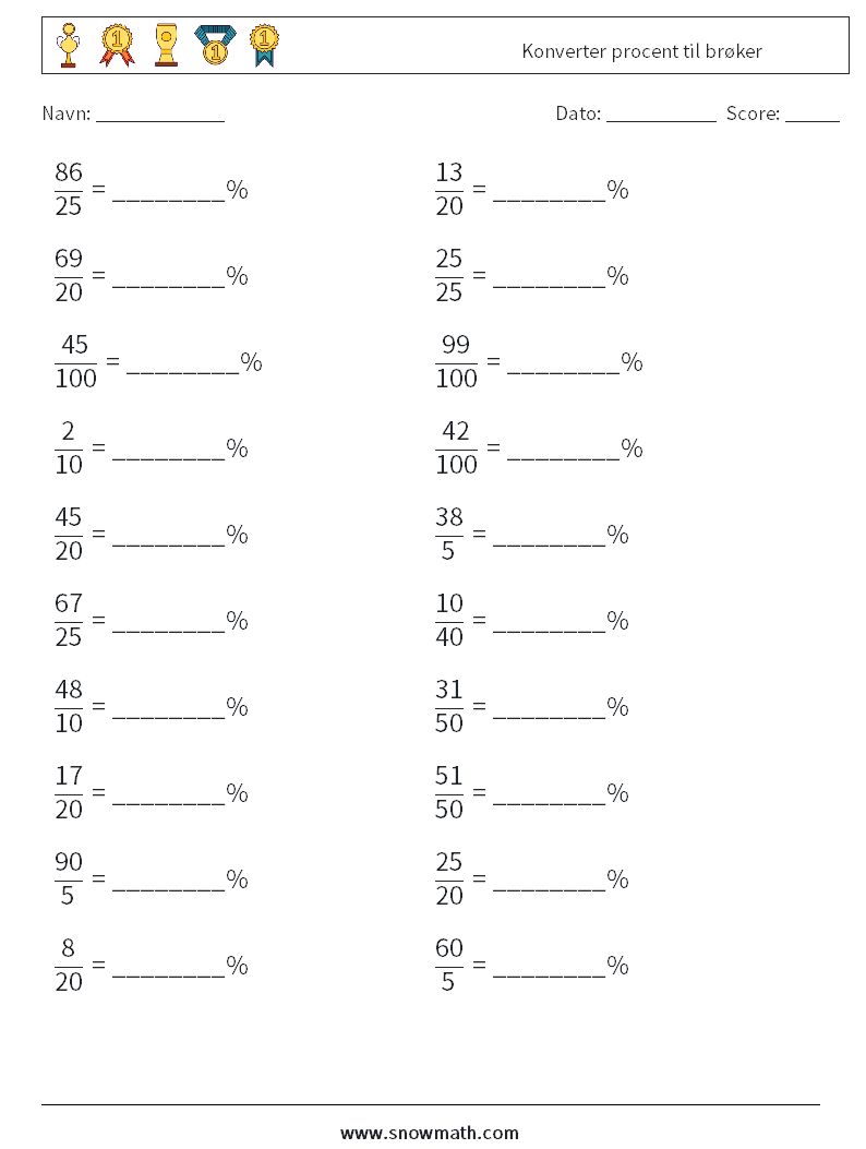 Konverter procent til brøker Matematiske regneark 5