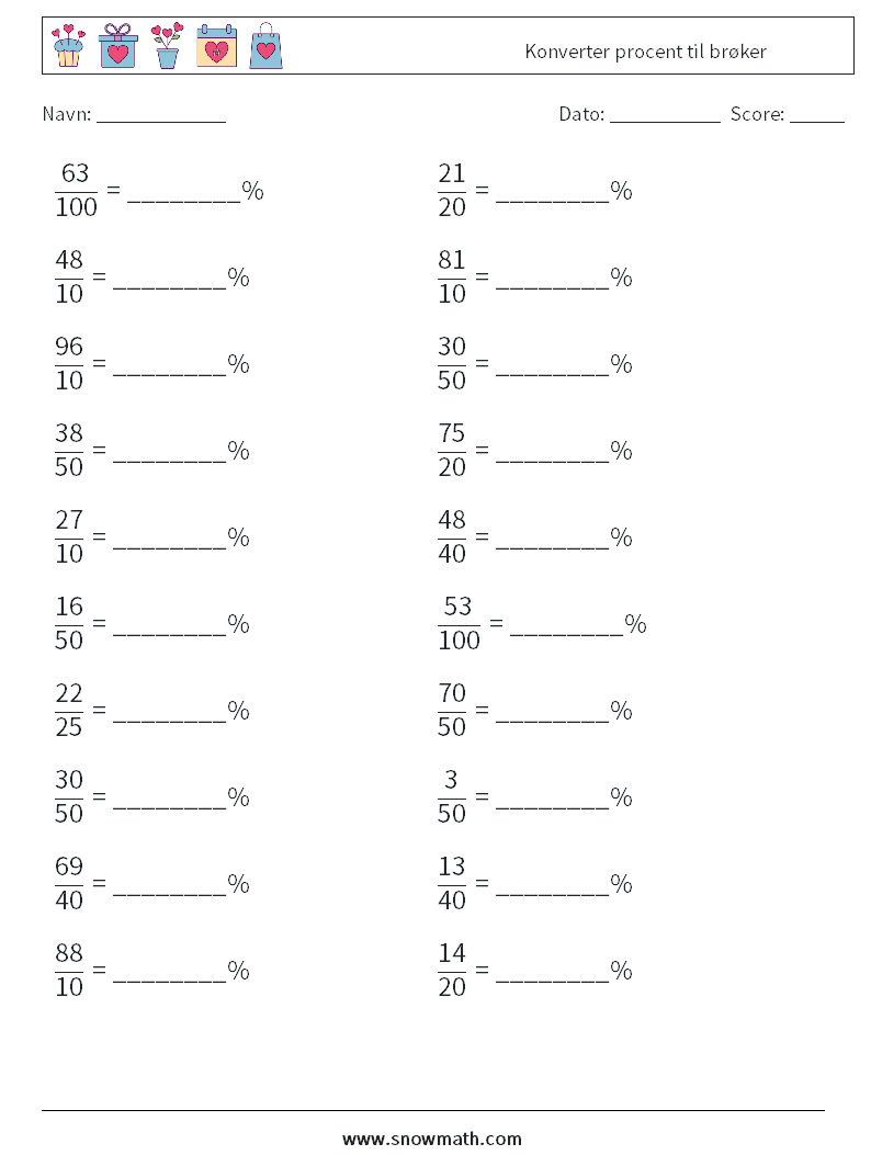 Konverter procent til brøker Matematiske regneark 6