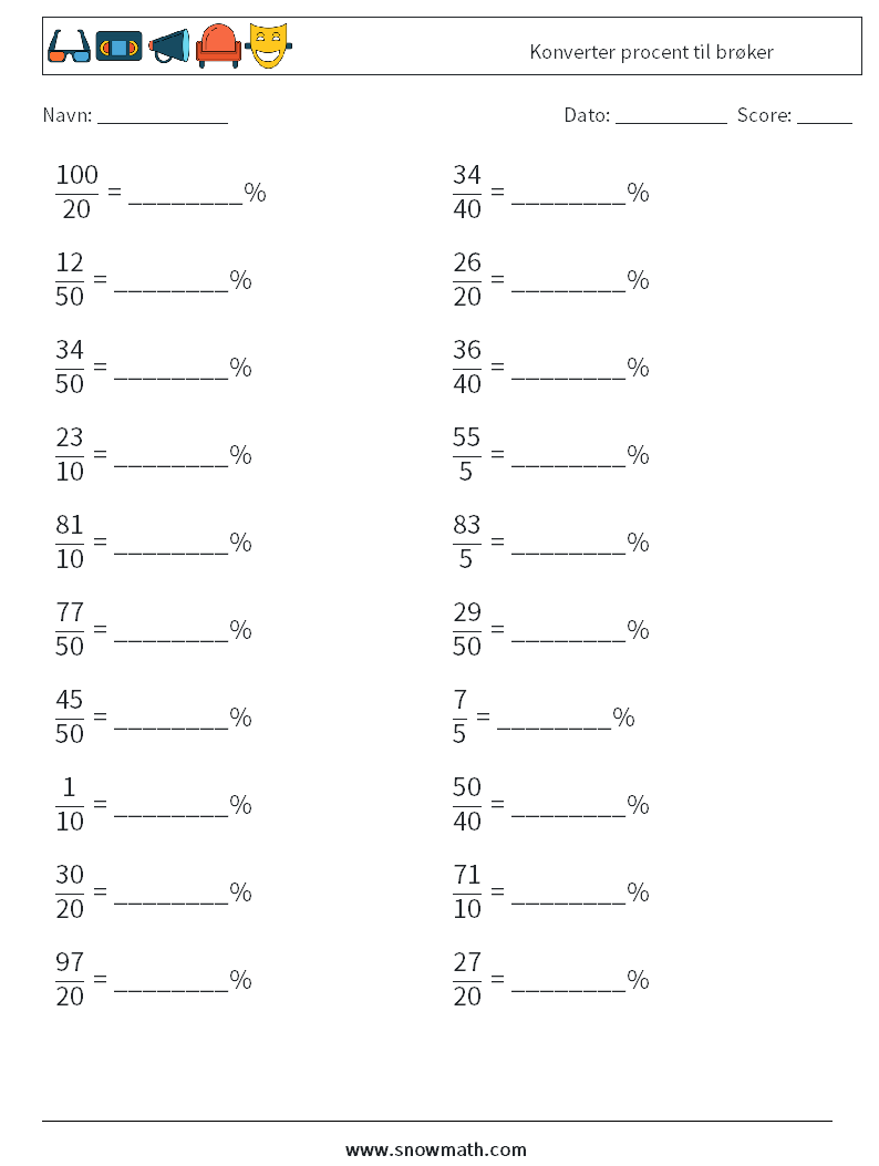 Konverter procent til brøker Matematiske regneark 7