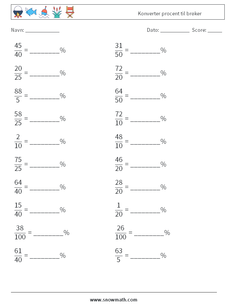 Konverter procent til brøker Matematiske regneark 9