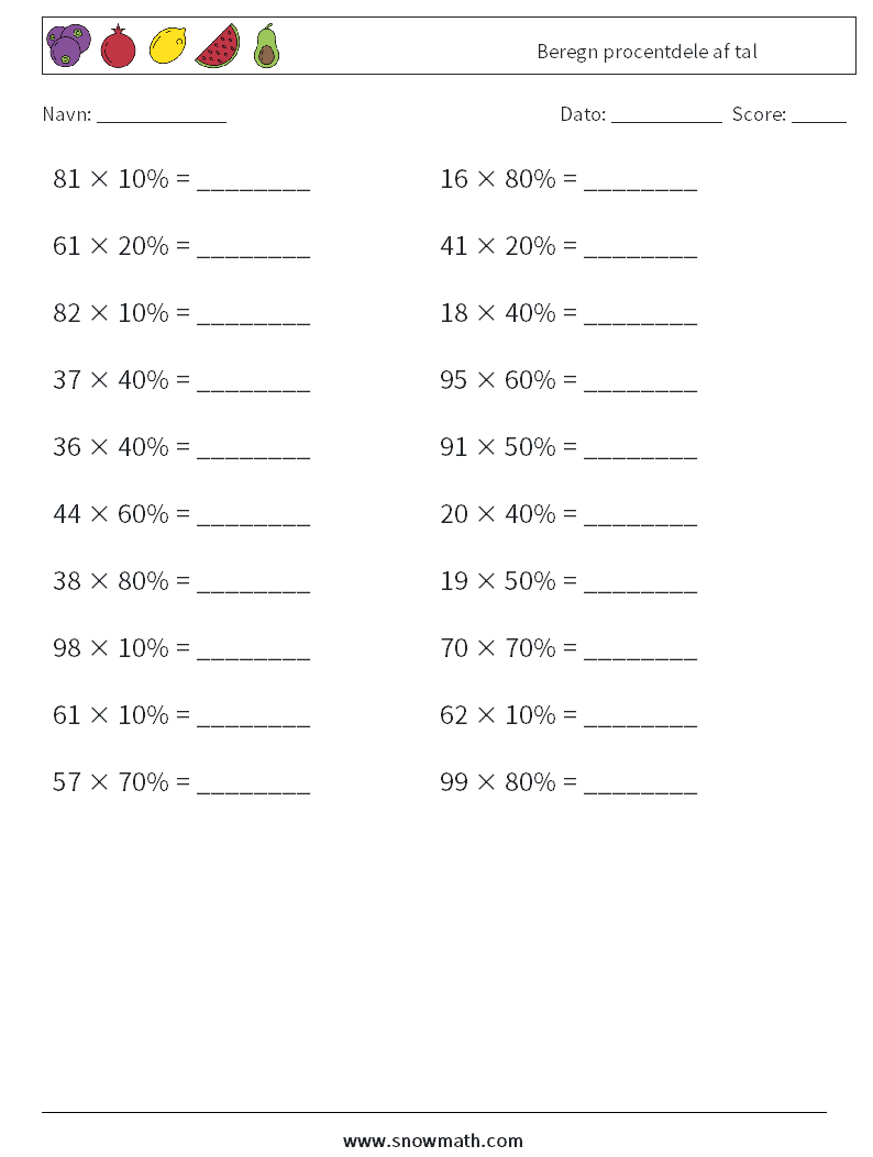 Beregn procentdele af tal Matematiske regneark 1