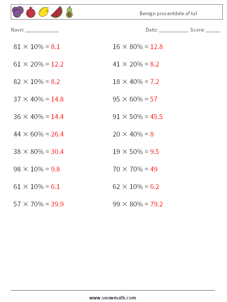 Beregn procentdele af tal Matematiske regneark 1 Spørgsmål, svar