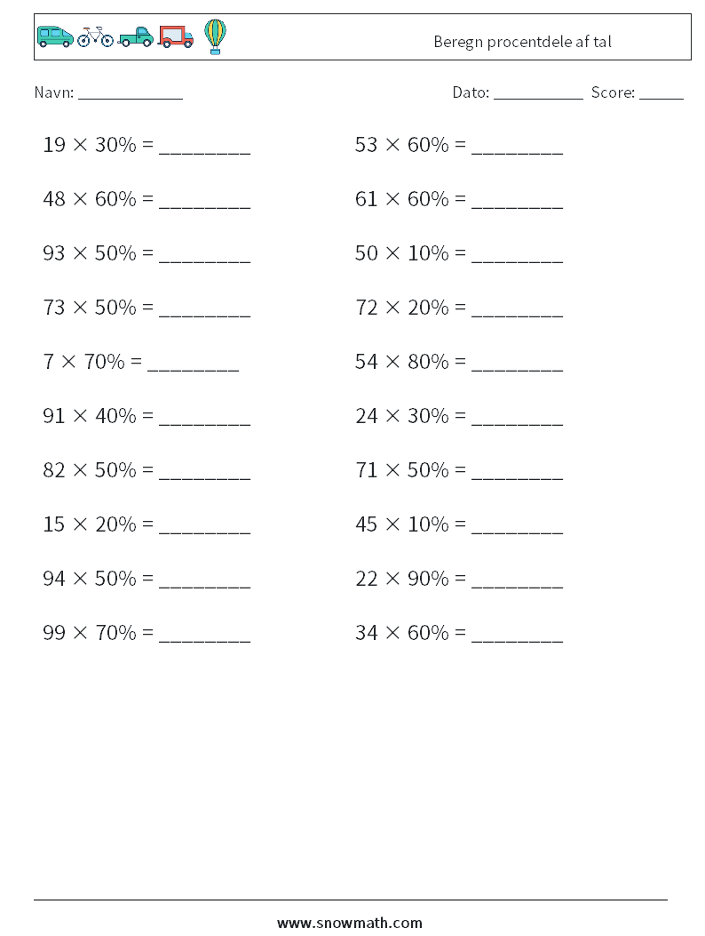 Beregn procentdele af tal Matematiske regneark 2
