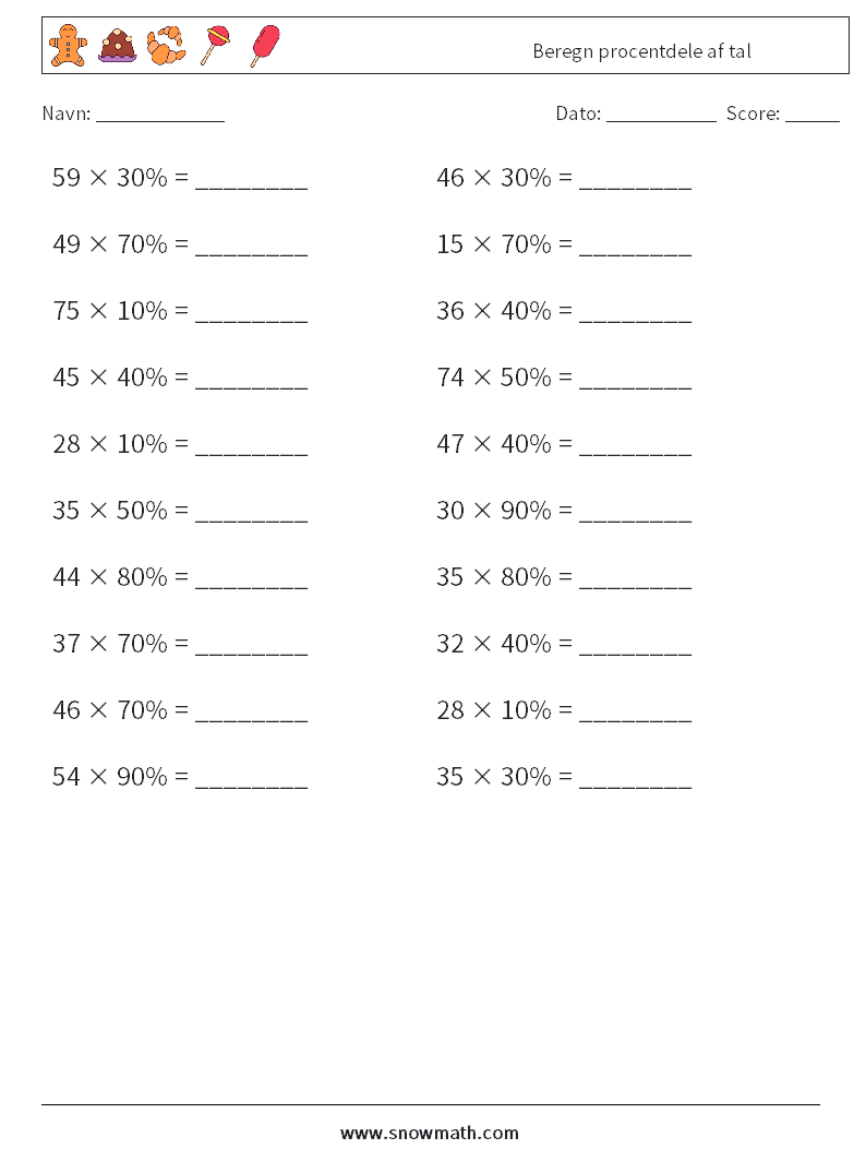 Beregn procentdele af tal Matematiske regneark 4