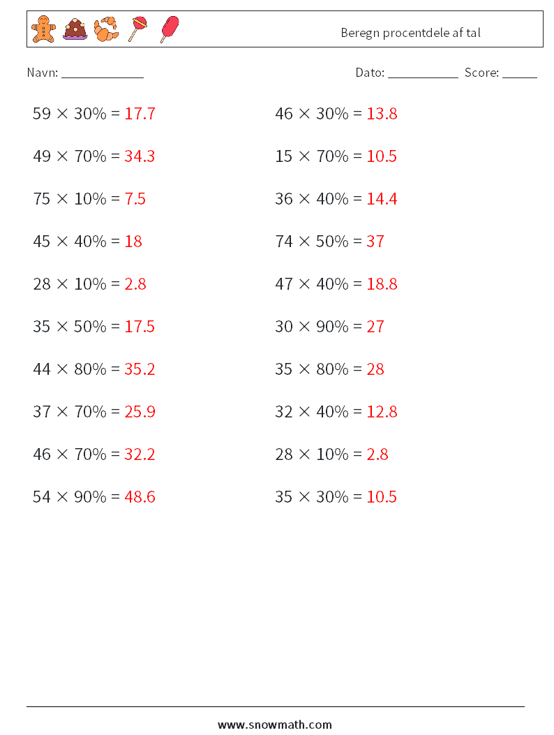 Beregn procentdele af tal Matematiske regneark 4 Spørgsmål, svar