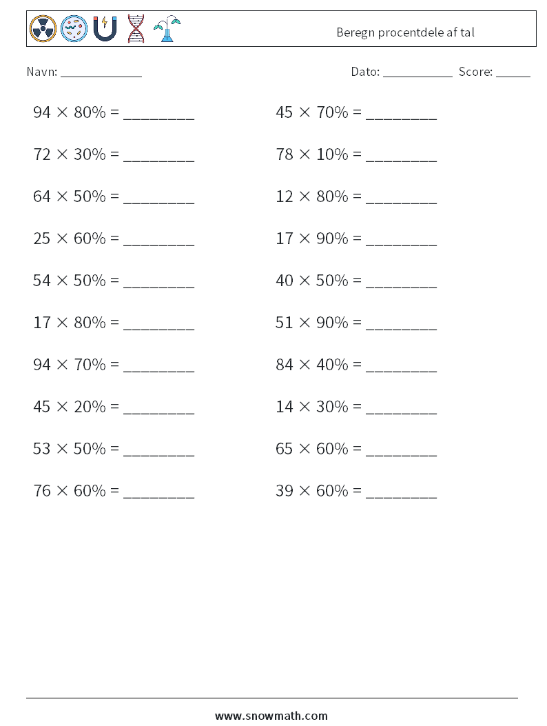 Beregn procentdele af tal Matematiske regneark 5